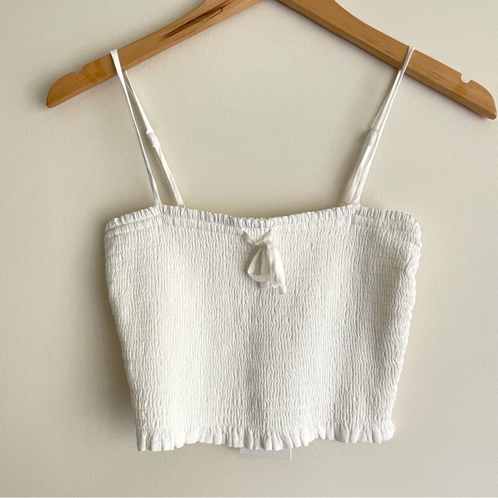 Aritzia White Smocked Cropped Tank Top